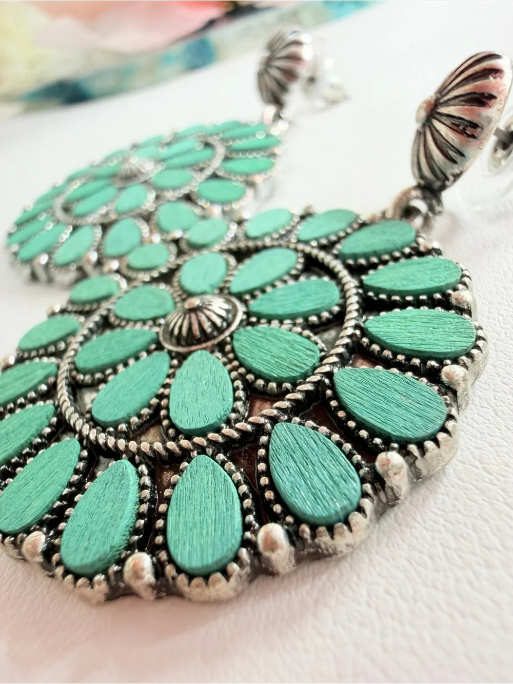 Teal Floral Medallion Drop Earrings - Women Jewelry